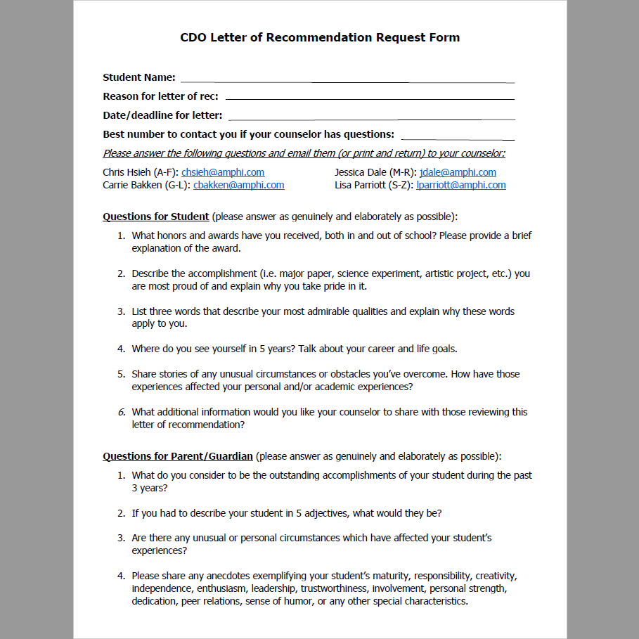 Counselor Letter of Recommendation Form