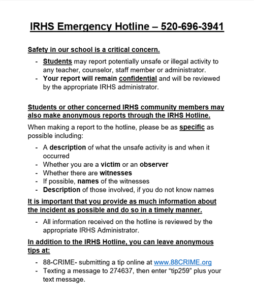 IRHS Emergency Hotline