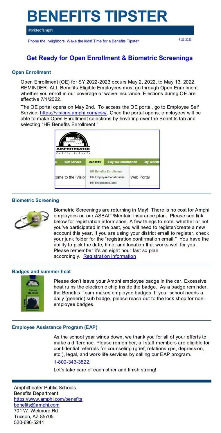 Information regarding upcoming Biometric Screening and benefits Open Enrollment