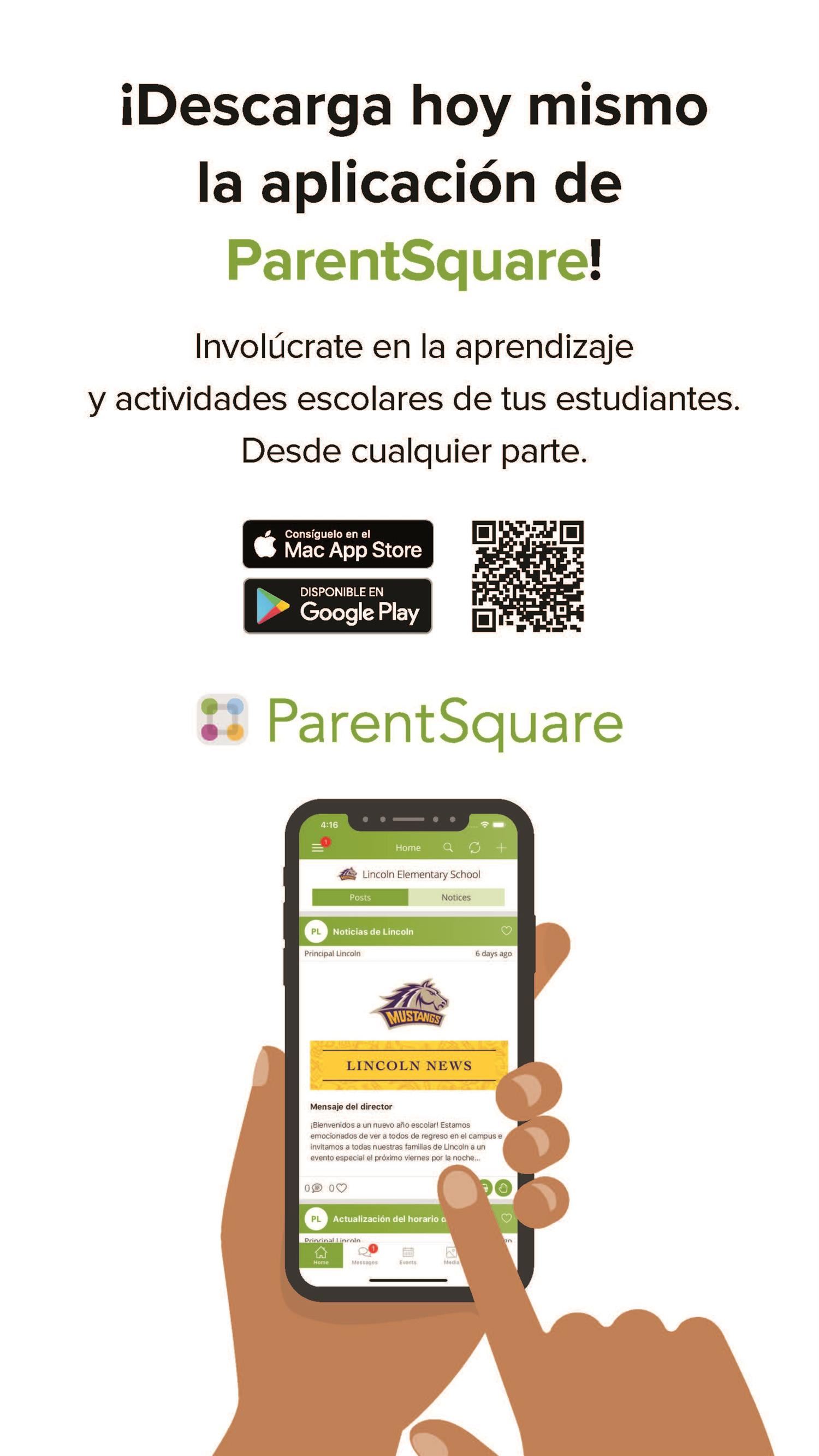 QR code and instructions for downloading ParentSquare app in Spanish